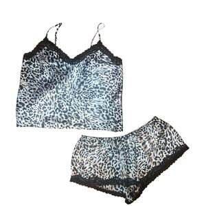 Black White Animal Leopard Cheetah Print Two Piece Set Cami Short Pj Set XL